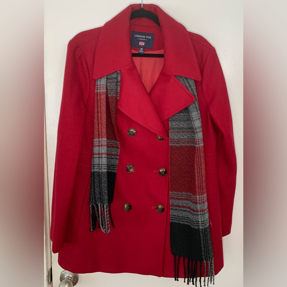 London Fog Red Wool Pea Coat with Scarf
